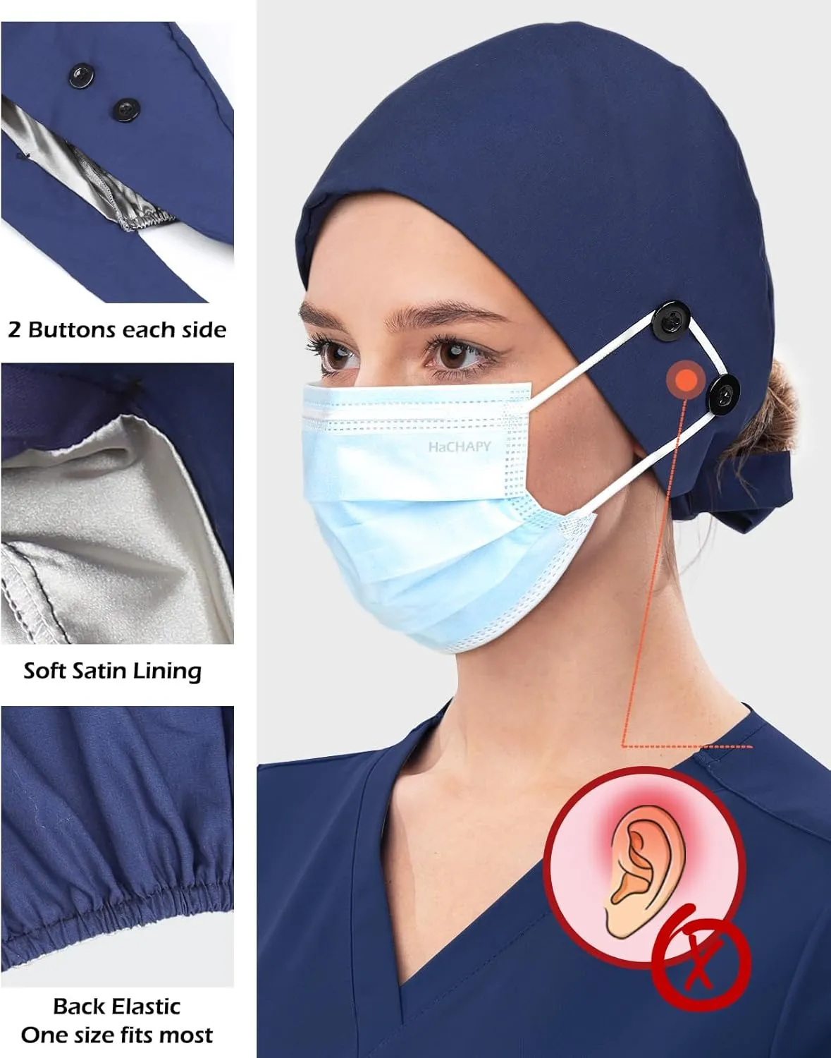 2 Pcs Satin Lined Scrub Cap Nurse Hats for Women Men 4 Buttons