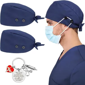 2 Pcs Satin Lined Scrub Cap Nurse Hats for Women Men 4 Buttons