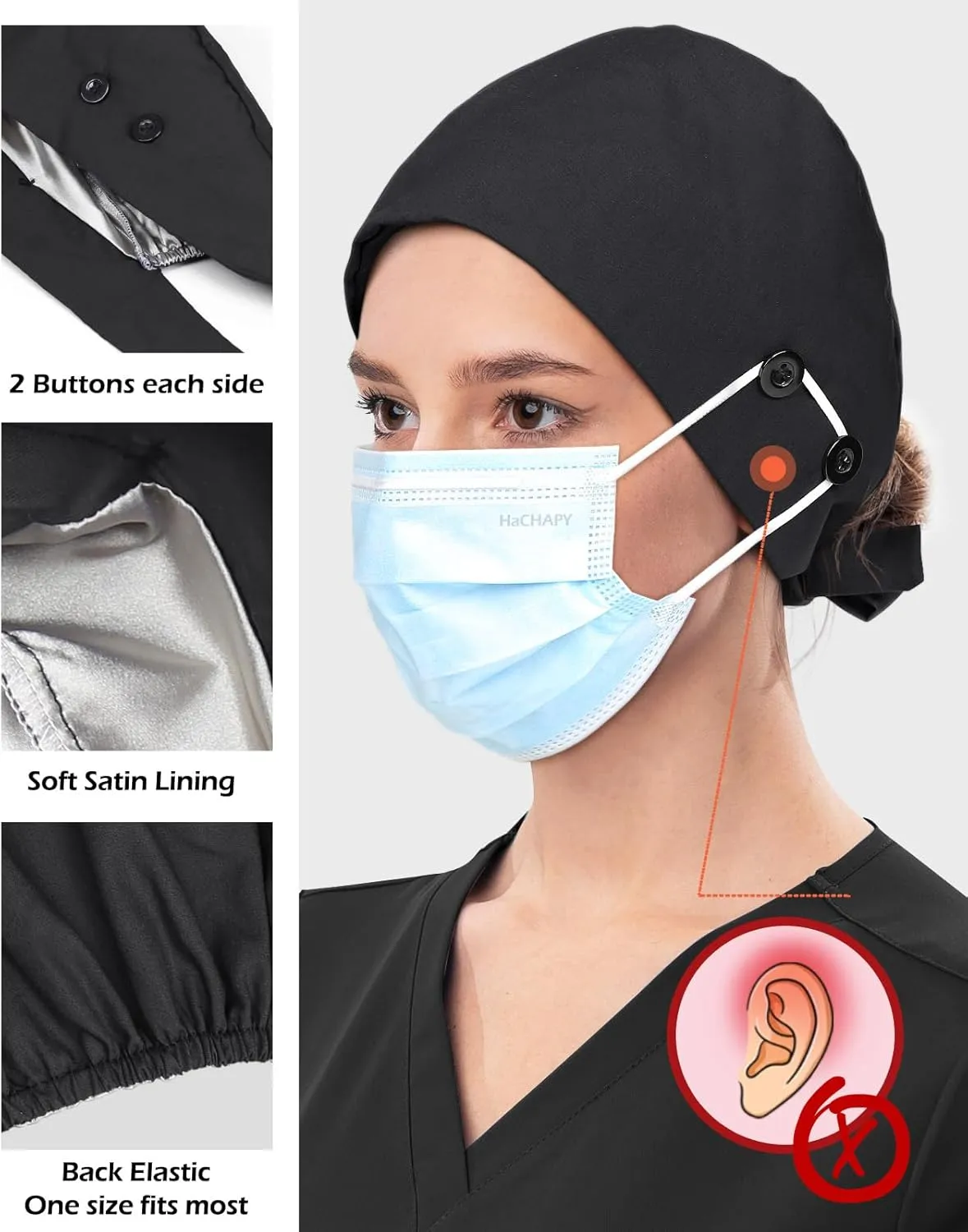 2 Pcs Satin Lined Scrub Cap Nurse Hats for Women Men 4 Buttons
