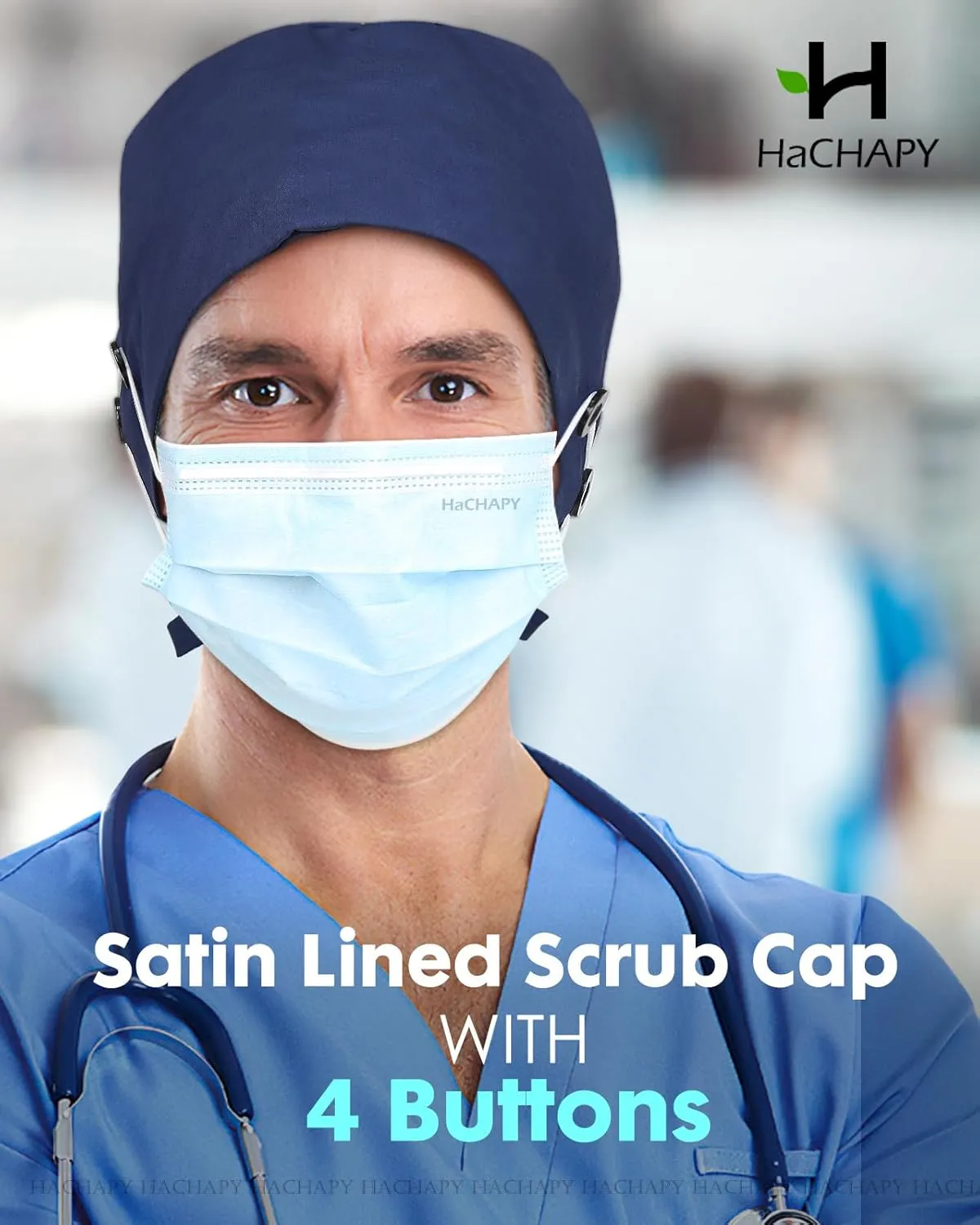2 Pcs Satin Lined Scrub Cap Nurse Hats for Women Men 4 Buttons