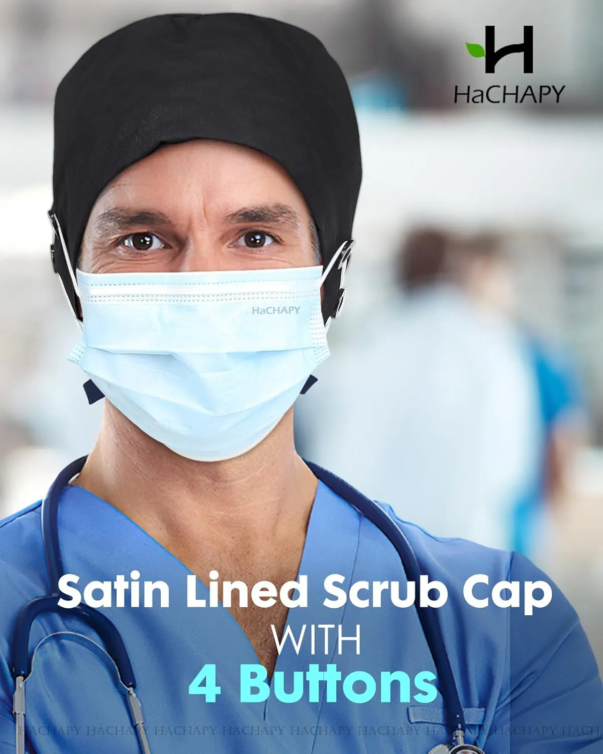 2 Pcs Satin Lined Scrub Cap Nurse Hats for Women Men 4 Buttons