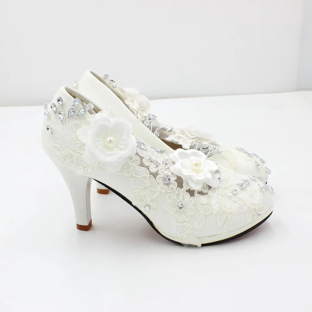 3D Floral White Lace High Heels