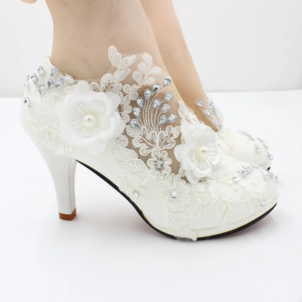 3D Floral White Lace High Heels