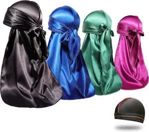 4PCS Silky Durags for Men Women 360 Waves with 1 Wave Cap, Silky Satin Durag Extra Long Tails