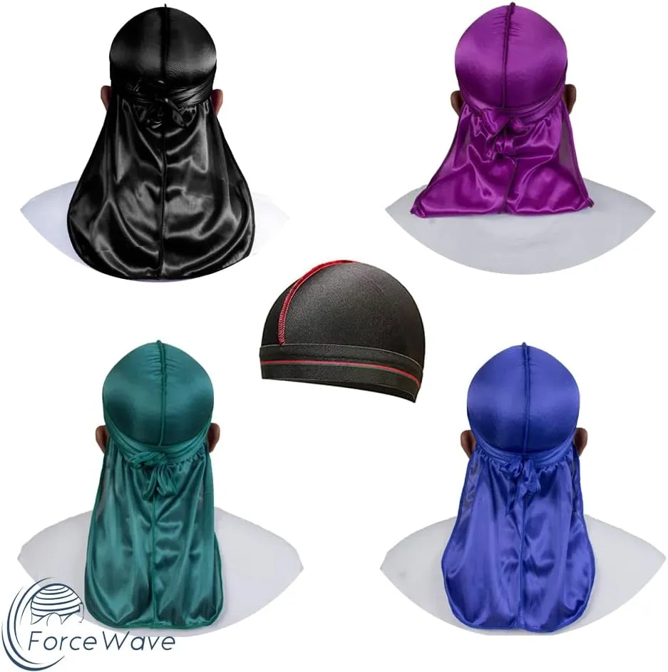 4PCS Silky Durags for Men Women 360 Waves with 1 Wave Cap, Silky Satin Durag Extra Long Tails