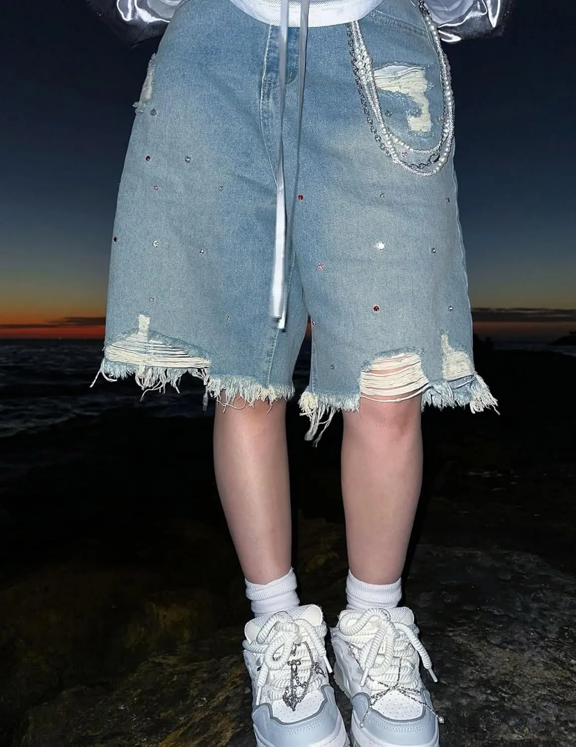 Aelfric Eden Bermuda Jorts Rhinestone Application Jort Summer Baggy Denim Shorts Wide Leg Loose Fit
