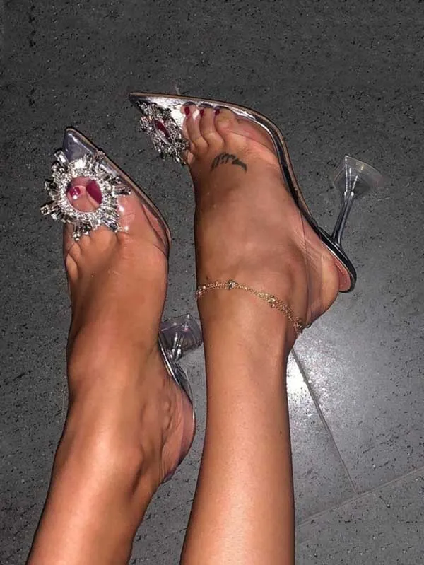 Amozae-Rhinestone Pointed Toe Transparent Heels