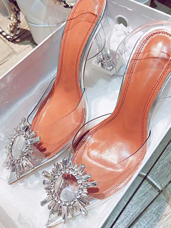 Amozae-Rhinestone Pointed Toe Transparent Heels