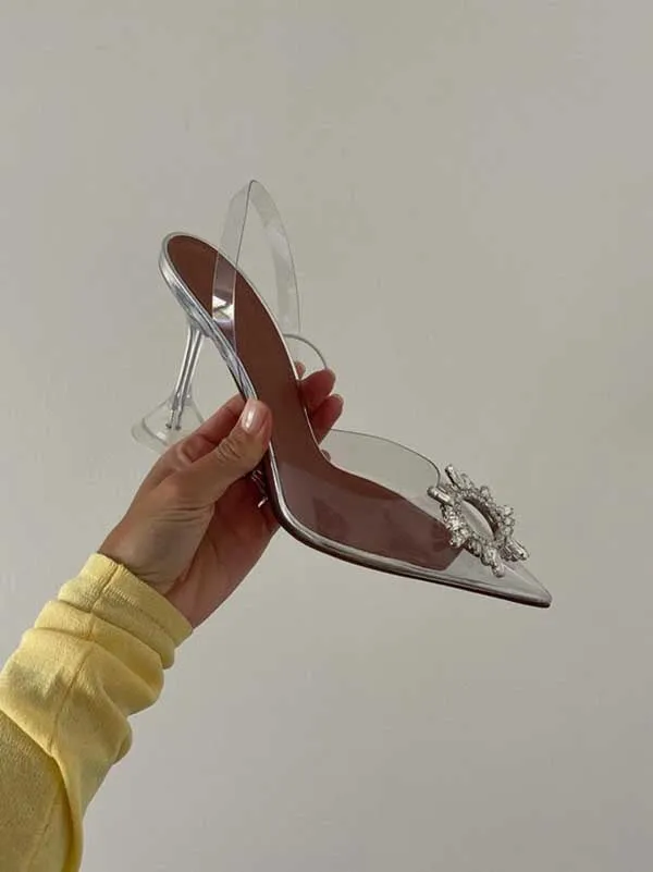 Amozae-Rhinestone Pointed Toe Transparent Heels