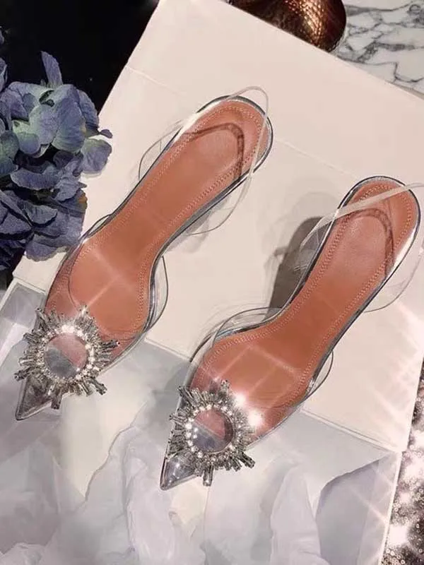 Amozae-Rhinestone Pointed Toe Transparent Heels