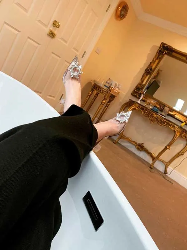 Amozae-Rhinestone Pointed Toe Transparent Heels