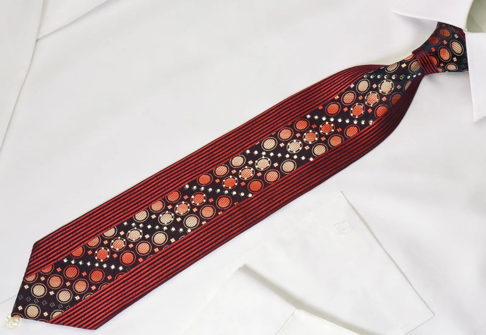 Avolio Rhinestone Silk Necktie Orange Geometric Design On Black