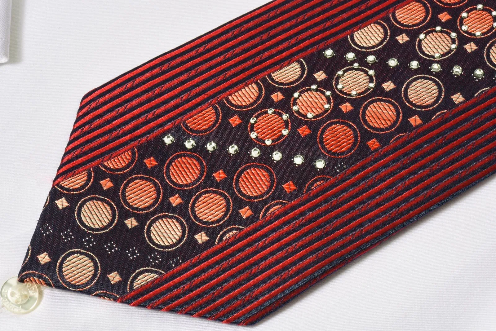Avolio Rhinestone Silk Necktie Orange Geometric Design On Black