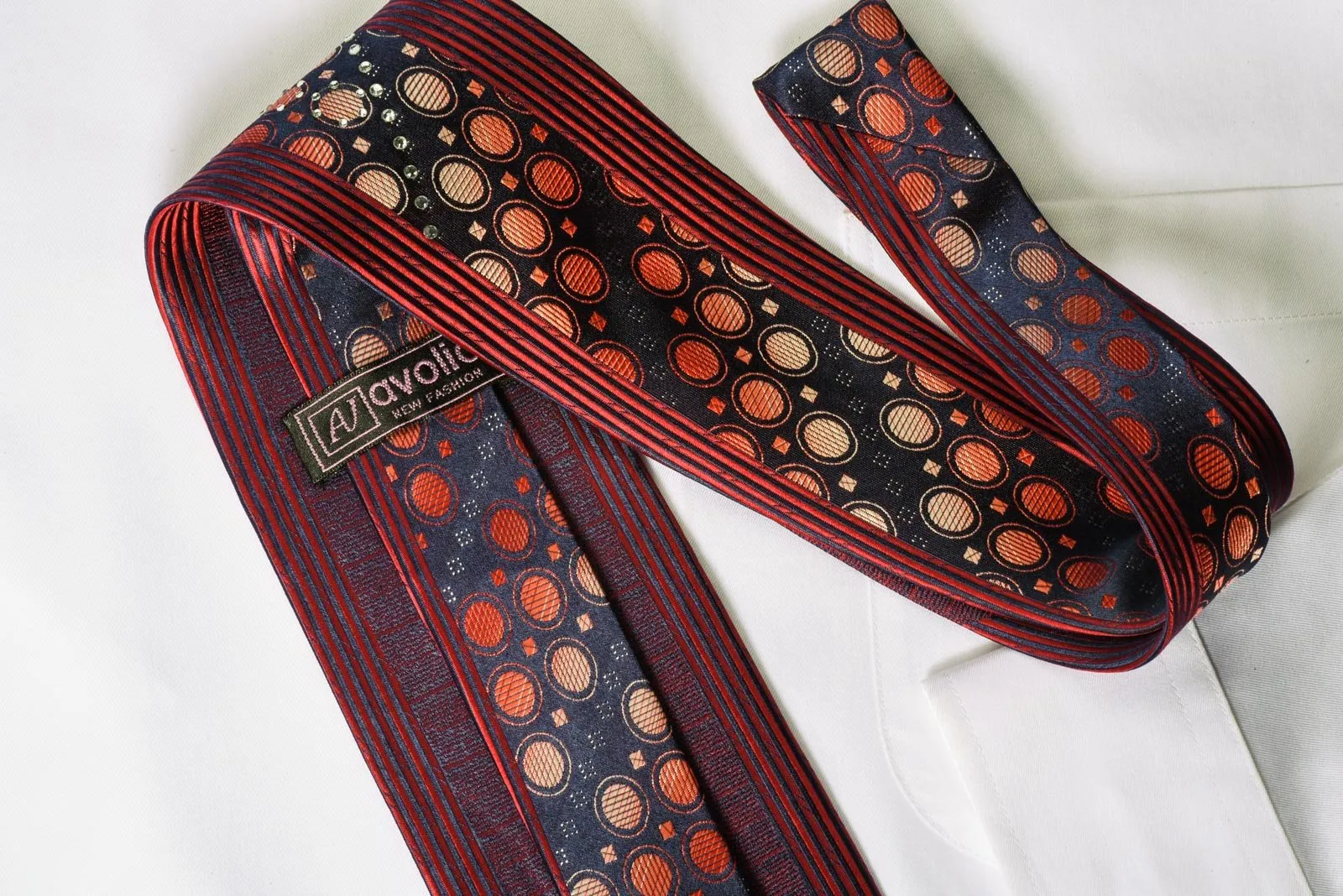Avolio Rhinestone Silk Necktie Orange Geometric Design On Black
