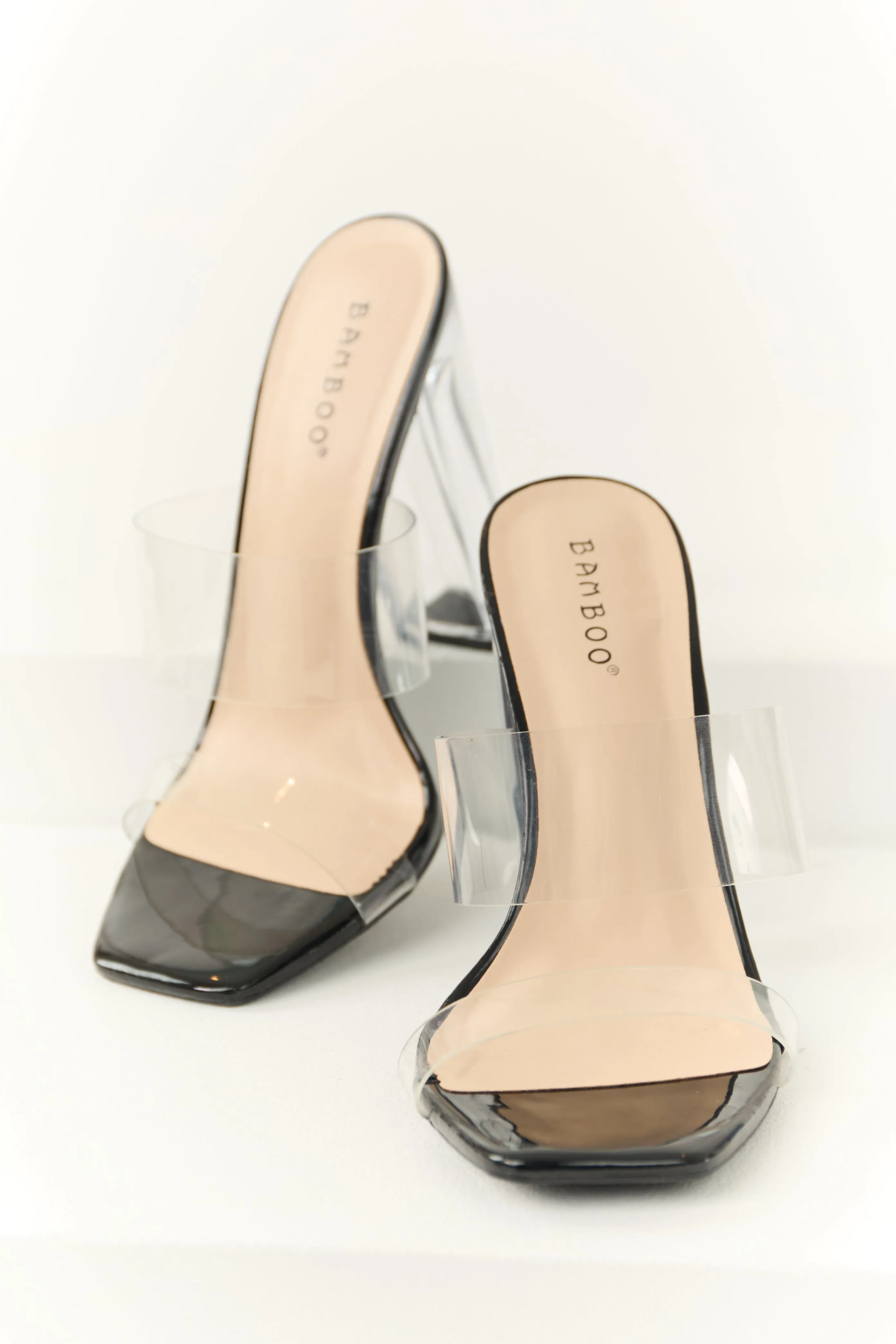 Black Clear Open Toe Block Heels