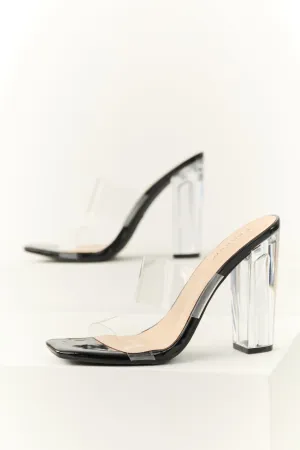 Black Clear Open Toe Block Heels