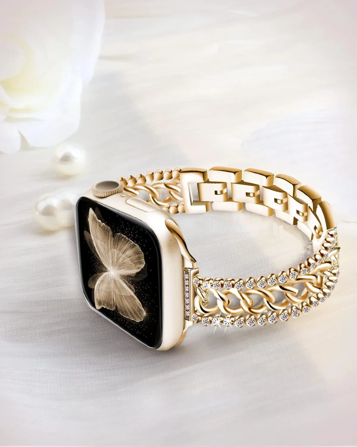 Bling Chain Bracelet Compatible with Apple Watch Band 41mm 40 mm 38mm, Women Dressy Glitter Diamond Rhinestone Stainless Steel Metal Bands for Iwatch Series 9/8/7/6/5/4/3/2/1/SE Gold