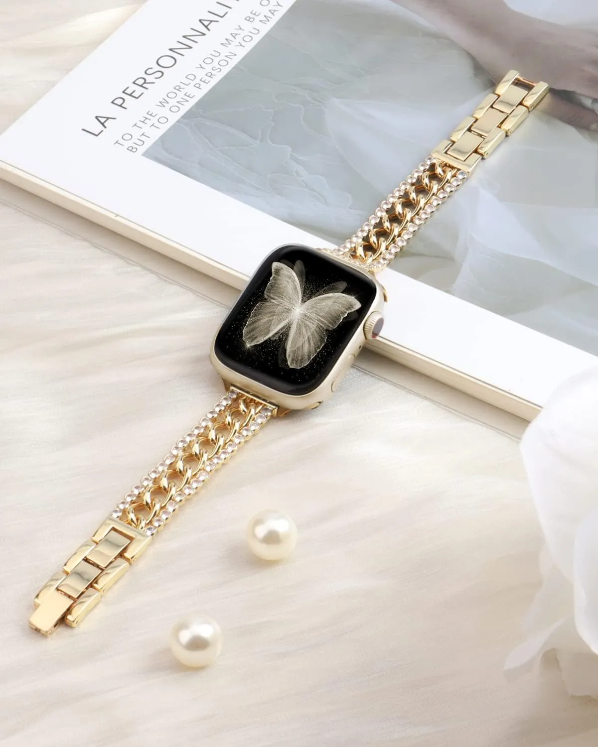 Bling Chain Bracelet Compatible with Apple Watch Band 41mm 40 mm 38mm, Women Dressy Glitter Diamond Rhinestone Stainless Steel Metal Bands for Iwatch Series 9/8/7/6/5/4/3/2/1/SE Gold