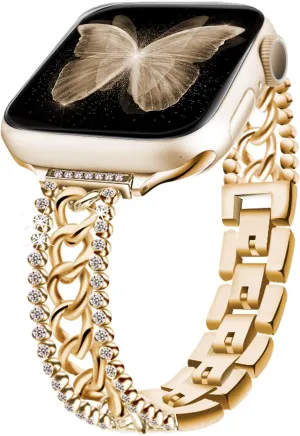 Bling Chain Bracelet Compatible with Apple Watch Band 41mm 40 mm 38mm, Women Dressy Glitter Diamond Rhinestone Stainless Steel Metal Bands for Iwatch Series 9/8/7/6/5/4/3/2/1/SE Gold