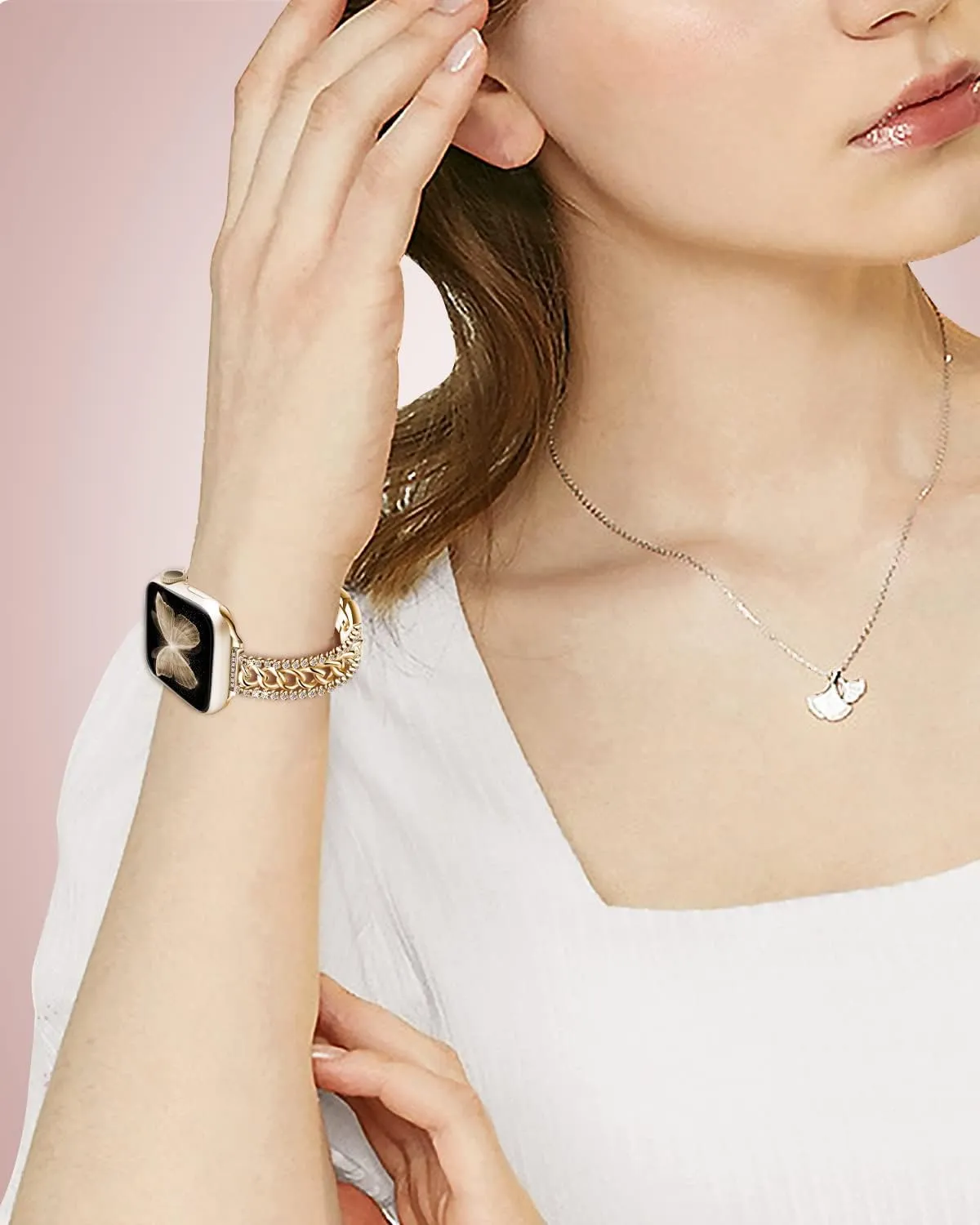 Bling Chain Bracelet Compatible with Apple Watch Band 41mm 40 mm 38mm, Women Dressy Glitter Diamond Rhinestone Stainless Steel Metal Bands for Iwatch Series 9/8/7/6/5/4/3/2/1/SE Gold