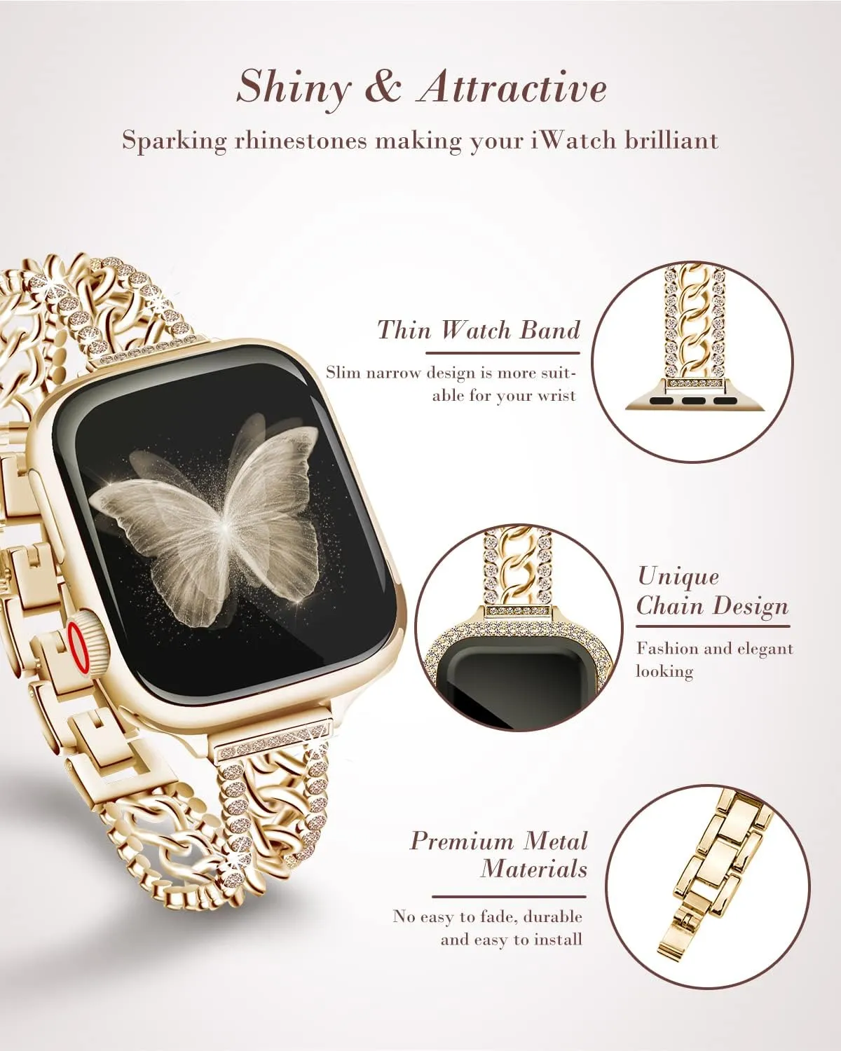 Bling Chain Bracelet Compatible with Apple Watch Band 41mm 40 mm 38mm, Women Dressy Glitter Diamond Rhinestone Stainless Steel Metal Bands for Iwatch Series 9/8/7/6/5/4/3/2/1/SE Gold