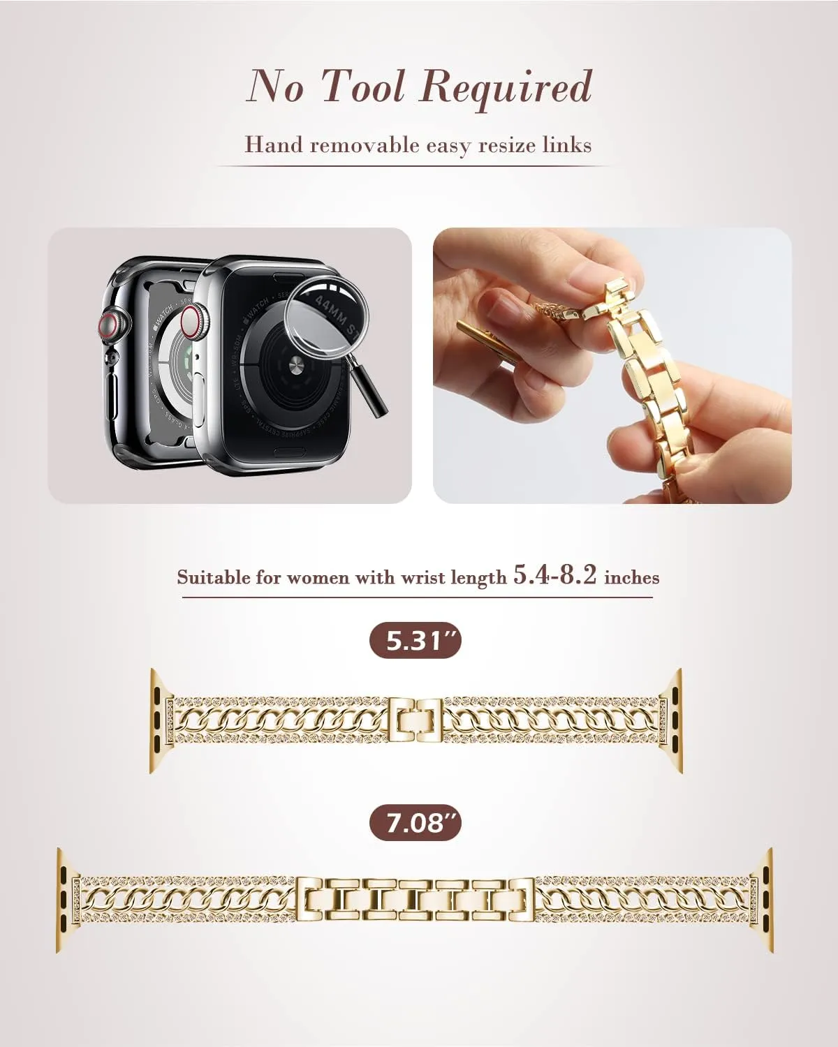 Bling Chain Bracelet Compatible with Apple Watch Band 41mm 40 mm 38mm, Women Dressy Glitter Diamond Rhinestone Stainless Steel Metal Bands for Iwatch Series 9/8/7/6/5/4/3/2/1/SE Gold