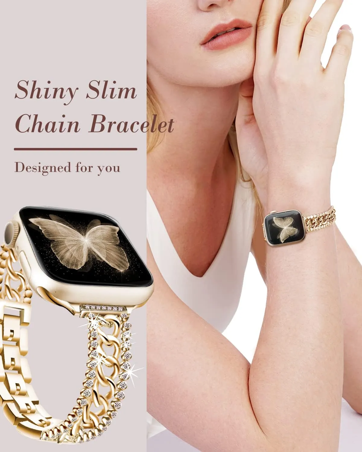 Bling Chain Bracelet Compatible with Apple Watch Band 41mm 40 mm 38mm, Women Dressy Glitter Diamond Rhinestone Stainless Steel Metal Bands for Iwatch Series 9/8/7/6/5/4/3/2/1/SE Gold