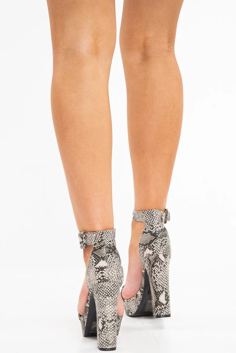 Brown Snake Print Textured Strappy Block Heels - Carianna