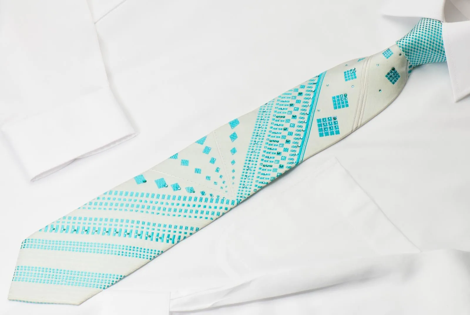 Charles Jourdan Crystal Rhinestone Tie Blue Geometric Stripes On White Silk