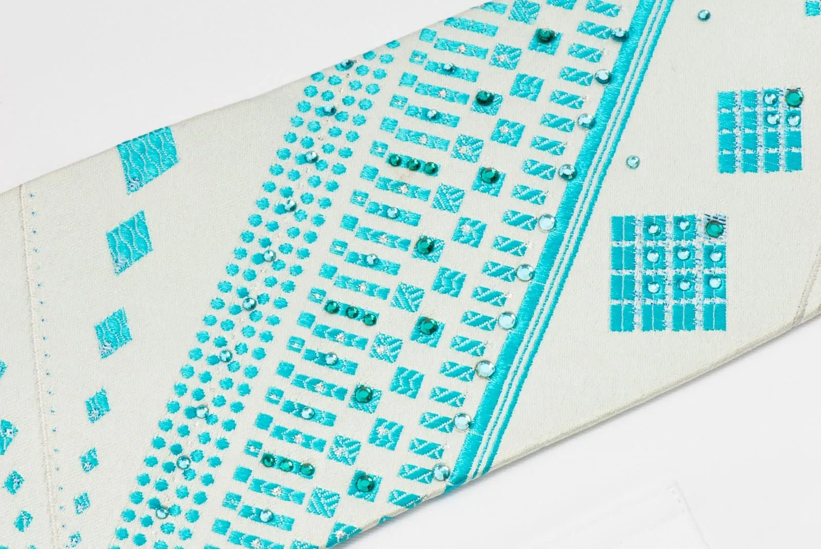 Charles Jourdan Crystal Rhinestone Tie Blue Geometric Stripes On White Silk