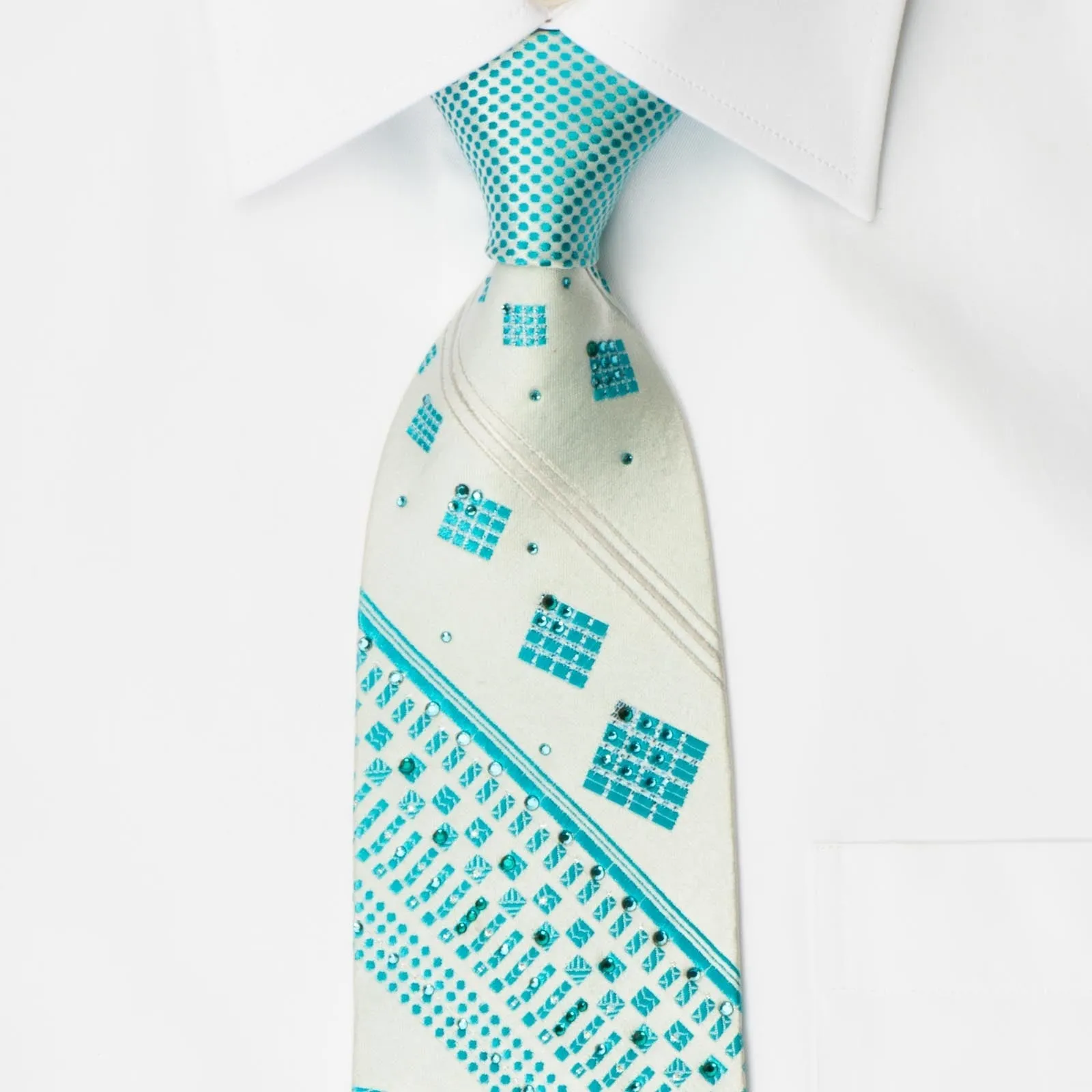 Charles Jourdan Crystal Rhinestone Tie Blue Geometric Stripes On White Silk