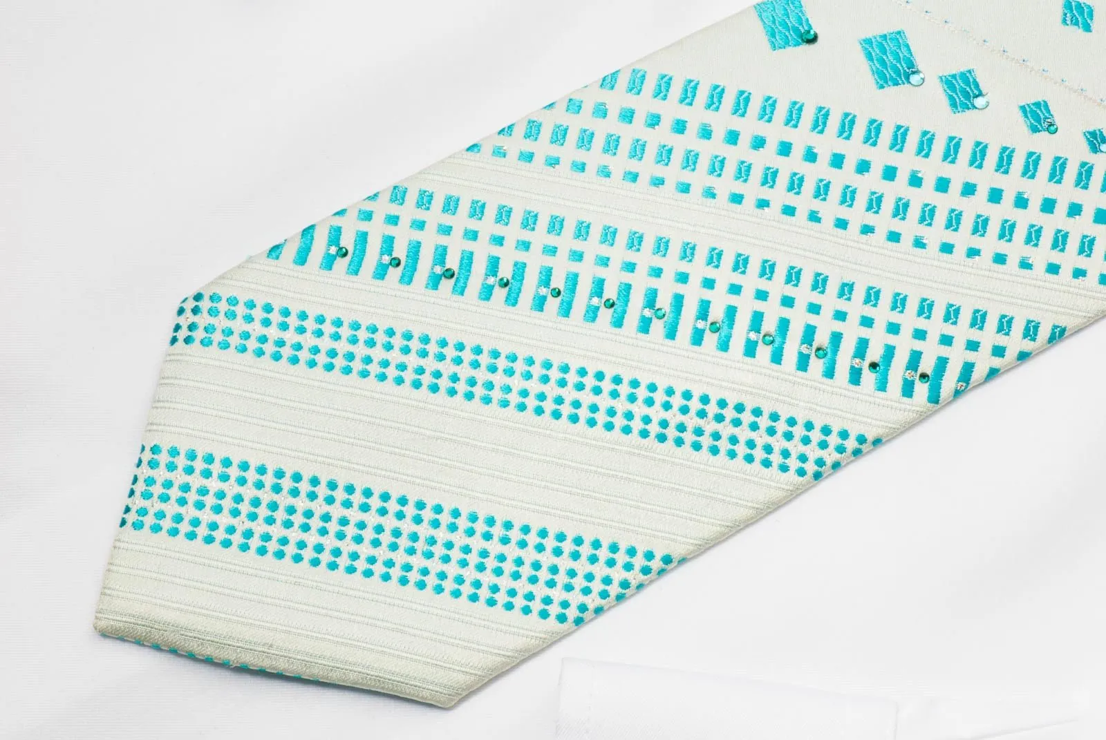Charles Jourdan Crystal Rhinestone Tie Blue Geometric Stripes On White Silk