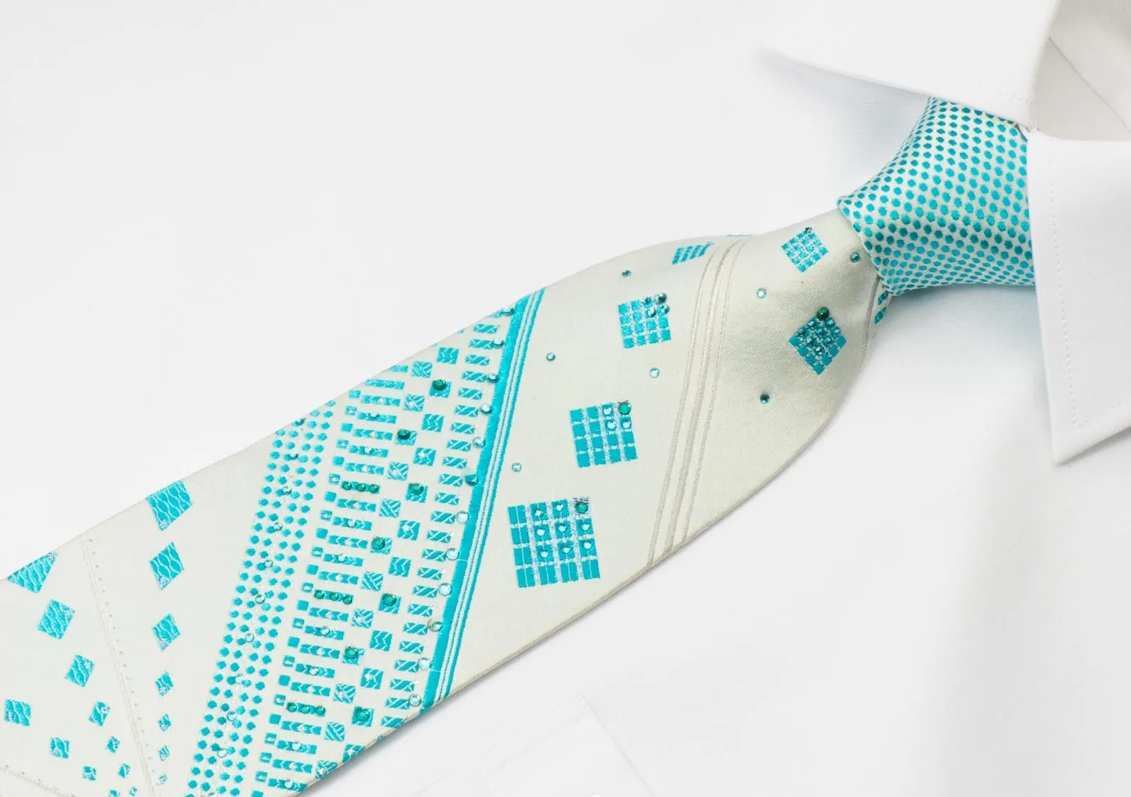 Charles Jourdan Crystal Rhinestone Tie Blue Geometric Stripes On White Silk