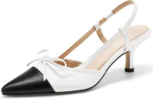 Coutgo Womens Bow Tie Slingback Pumps Pointed Toe Kitten Low Heel Patchwork Dress Heeled Sandals