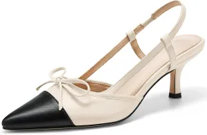 Coutgo Womens Bow Tie Slingback Pumps Pointed Toe Kitten Low Heel Patchwork Dress Heeled Sandals