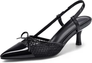 Coutgo Womens Bow Tie Slingback Pumps Pointed Toe Kitten Low Heel Patchwork Dress Heeled Sandals