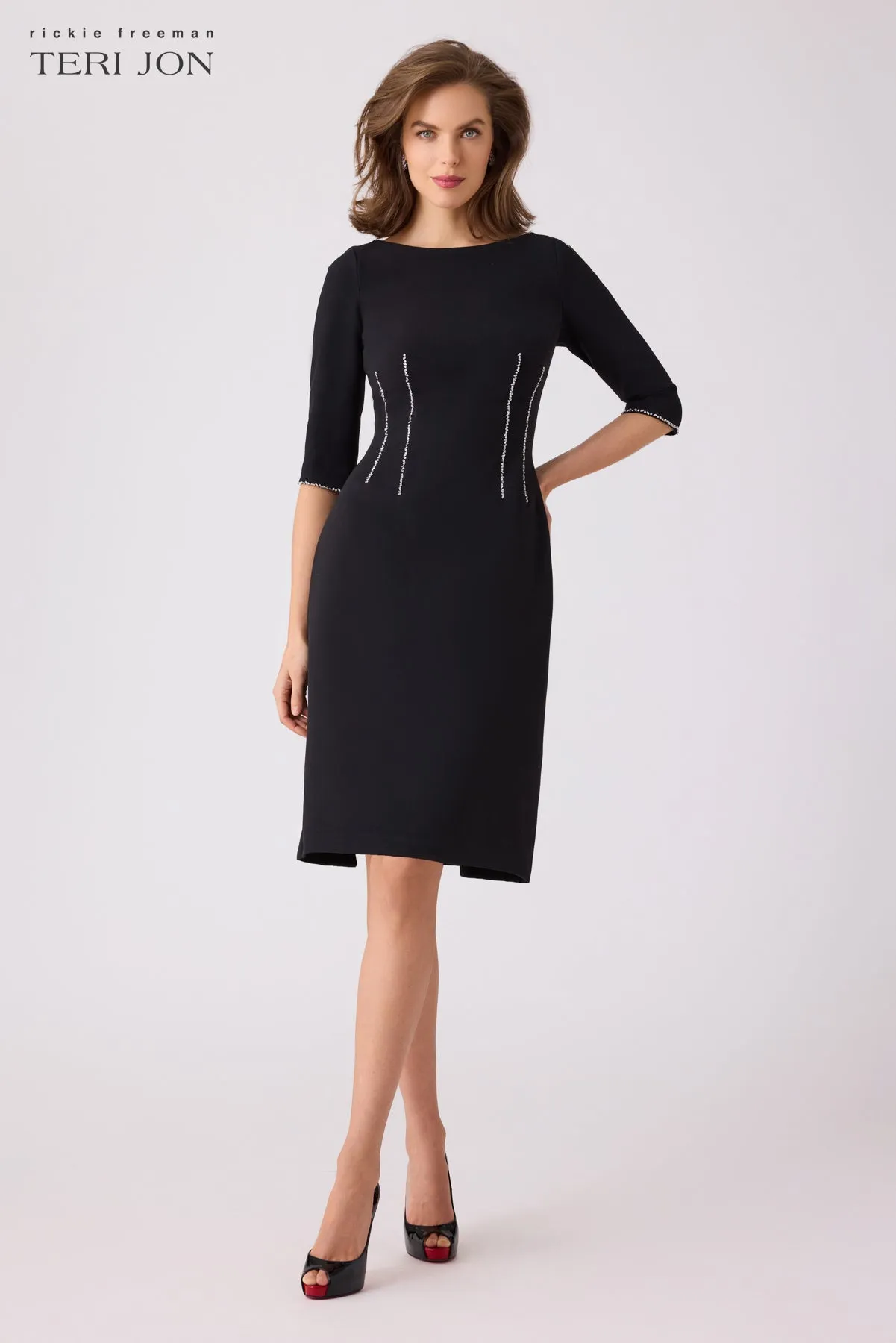Crepe Rhinestone Trim Waist Dress