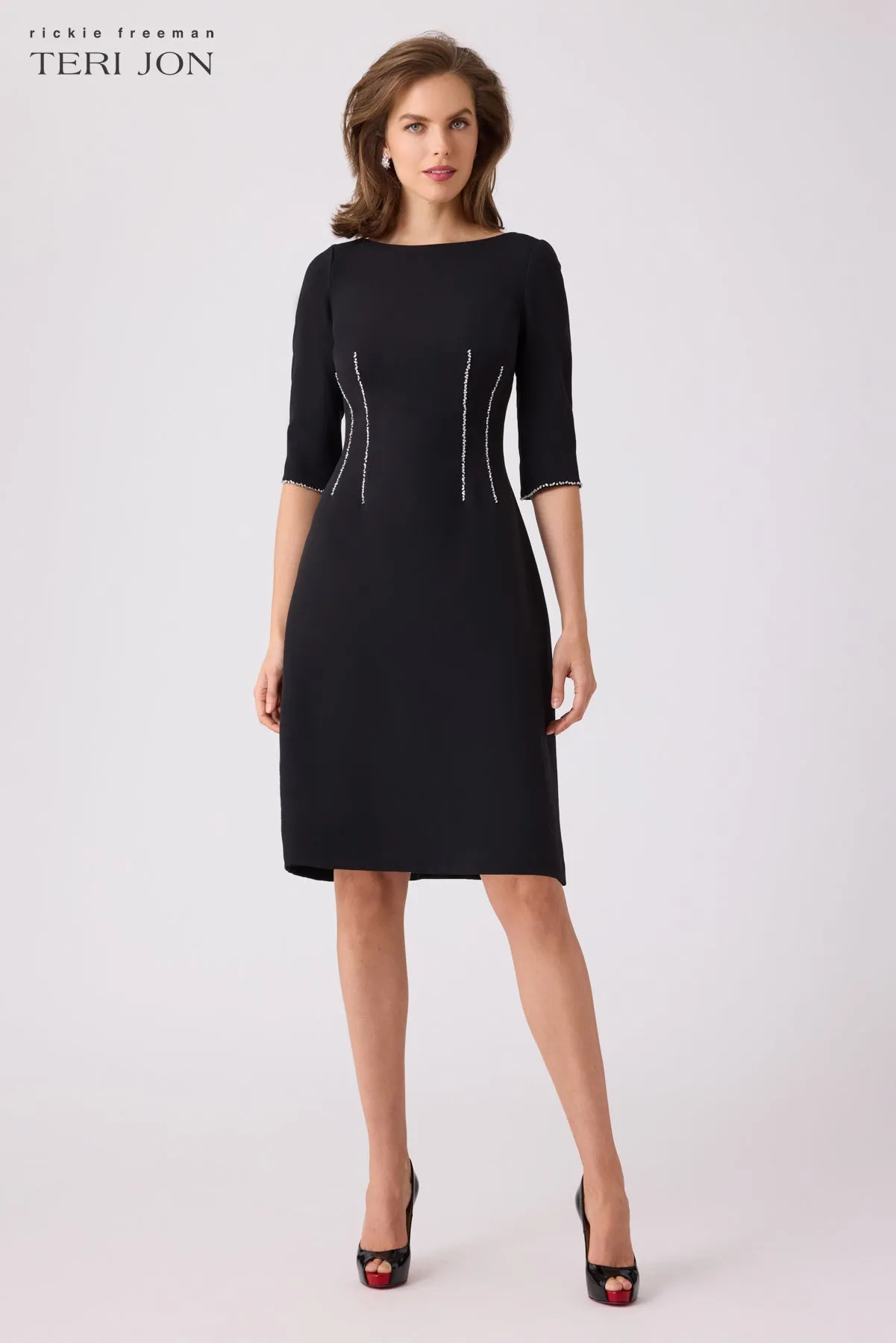 Crepe Rhinestone Trim Waist Dress