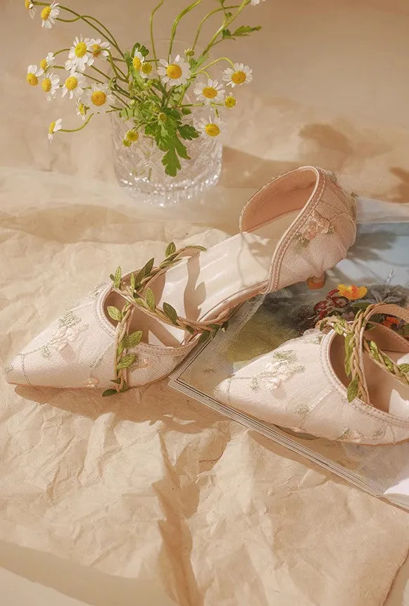 Fairycore Vine Embroidery Kitten Heel Shoes