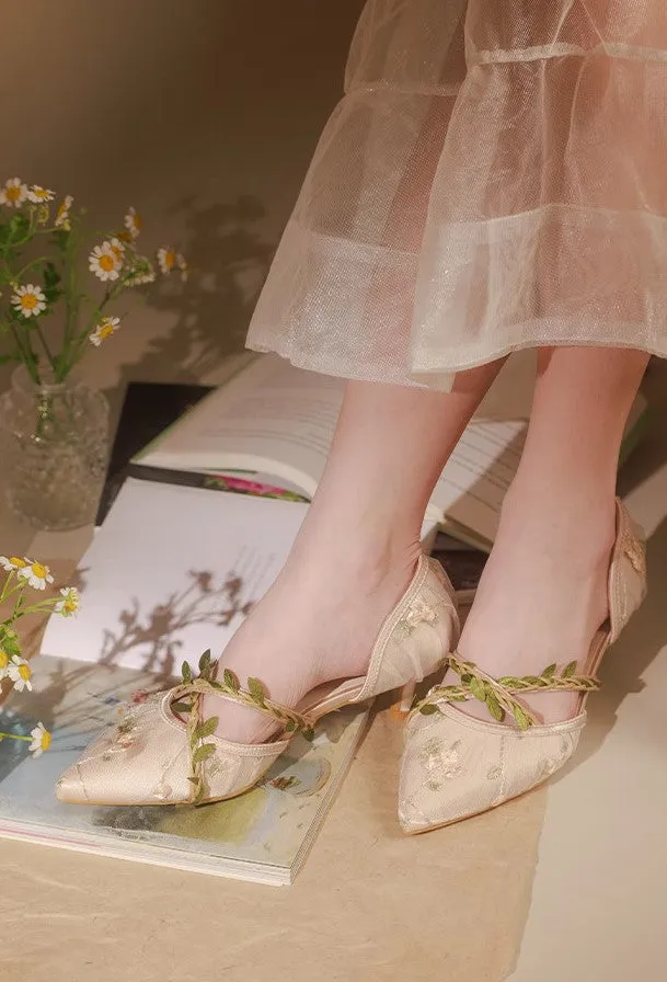 Fairycore Vine Embroidery Kitten Heel Shoes