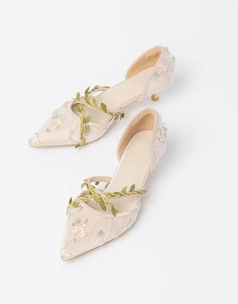 Fairycore Vine Embroidery Kitten Heel Shoes