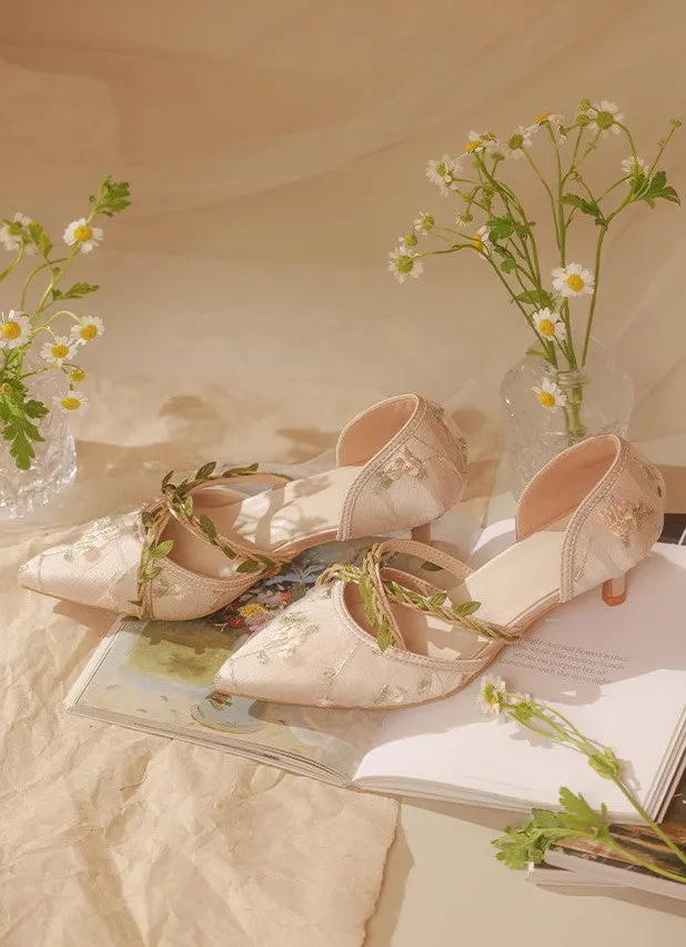 Fairycore Vine Embroidery Kitten Heel Shoes