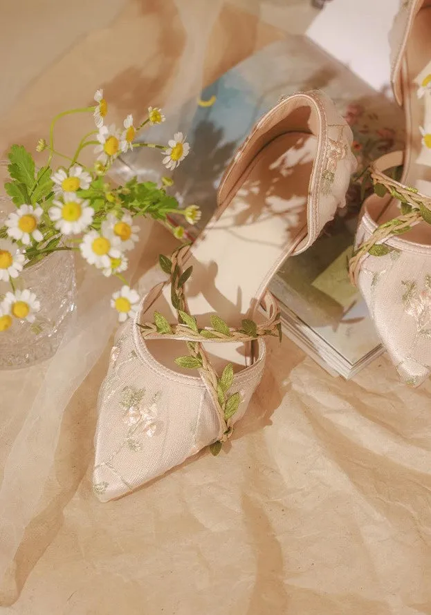 Fairycore Vine Embroidery Kitten Heel Shoes