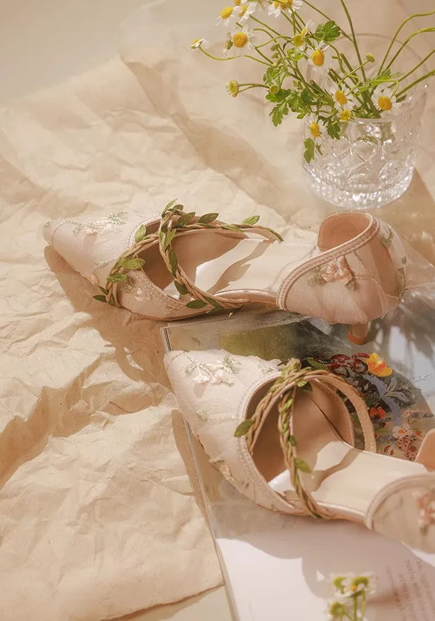 Fairycore Vine Embroidery Kitten Heel Shoes