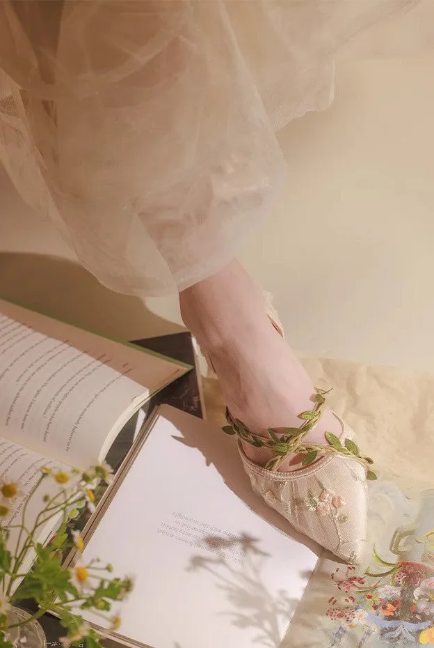Fairycore Vine Embroidery Kitten Heel Shoes