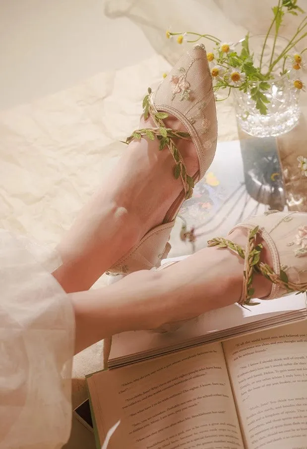Fairycore Vine Embroidery Kitten Heel Shoes