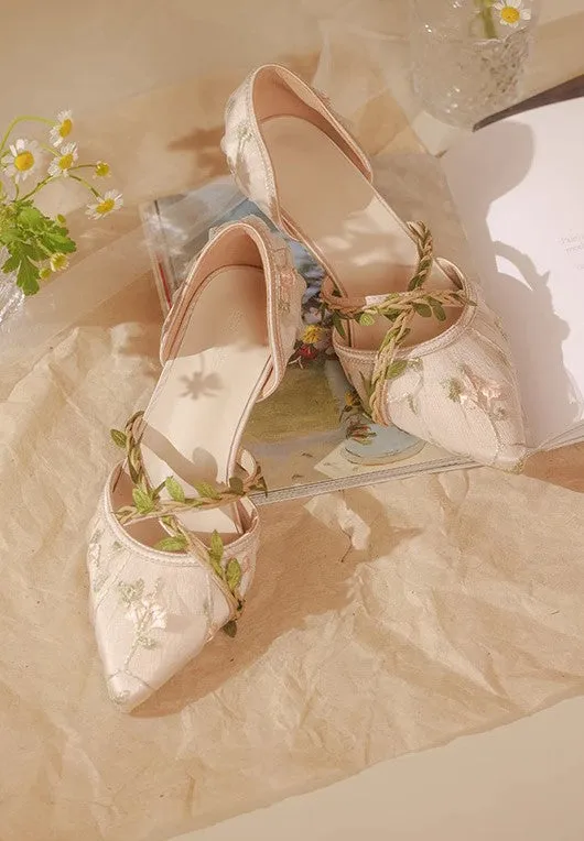 Fairycore Vine Embroidery Kitten Heel Shoes