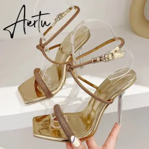 Fashion Golden Silver Rhinestone Women's Sandals Summer Party Wedding Shoes Open Toe Buckle Strap Transparent High Heels