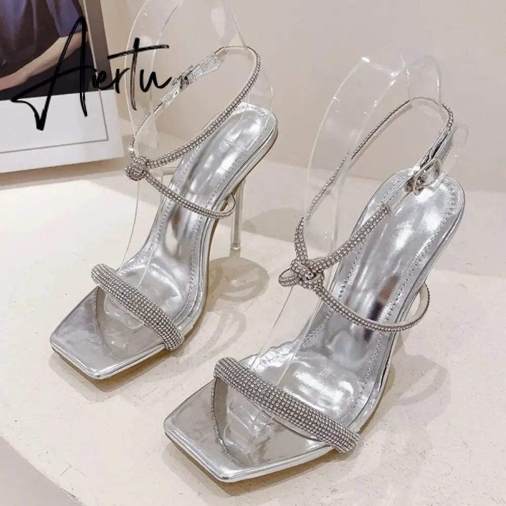 Fashion Golden Silver Rhinestone Women's Sandals Summer Party Wedding Shoes Open Toe Buckle Strap Transparent High Heels