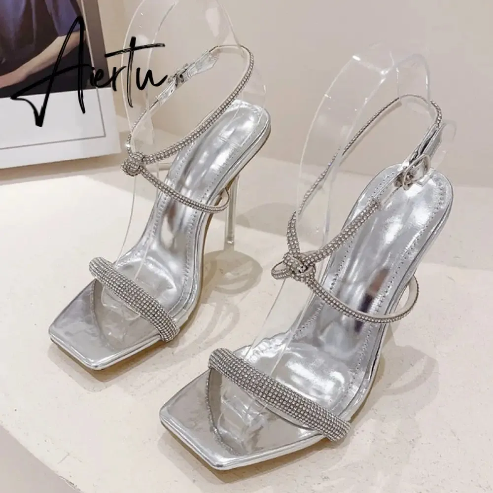 Fashion Golden Silver Rhinestone Women's Sandals Summer Party Wedding Shoes Open Toe Buckle Strap Transparent High Heels